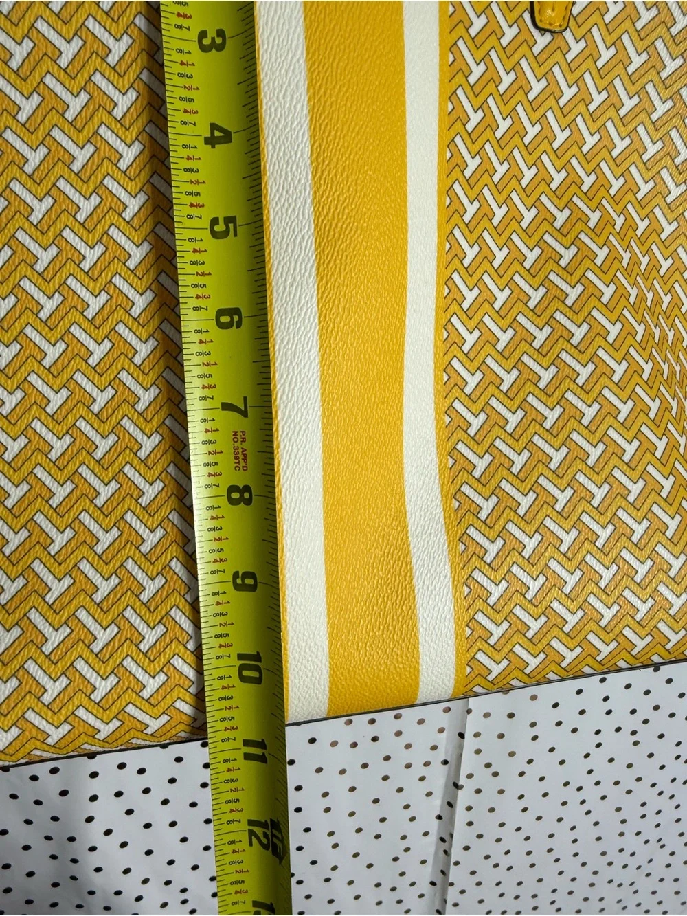 Tory Burch Yellow Patterned Tote Bag with Center Stripe